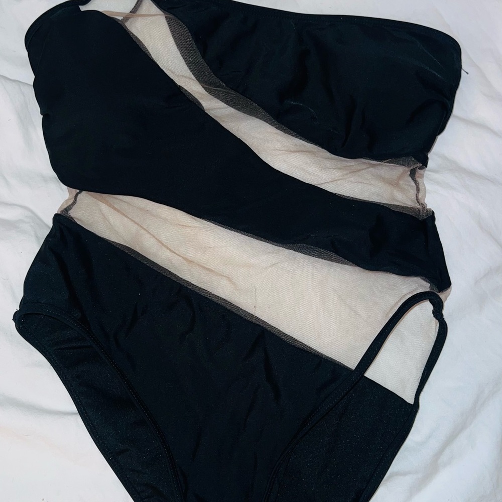 Small Black and sheer one piece swimsuit/ body suit with mesh detailing